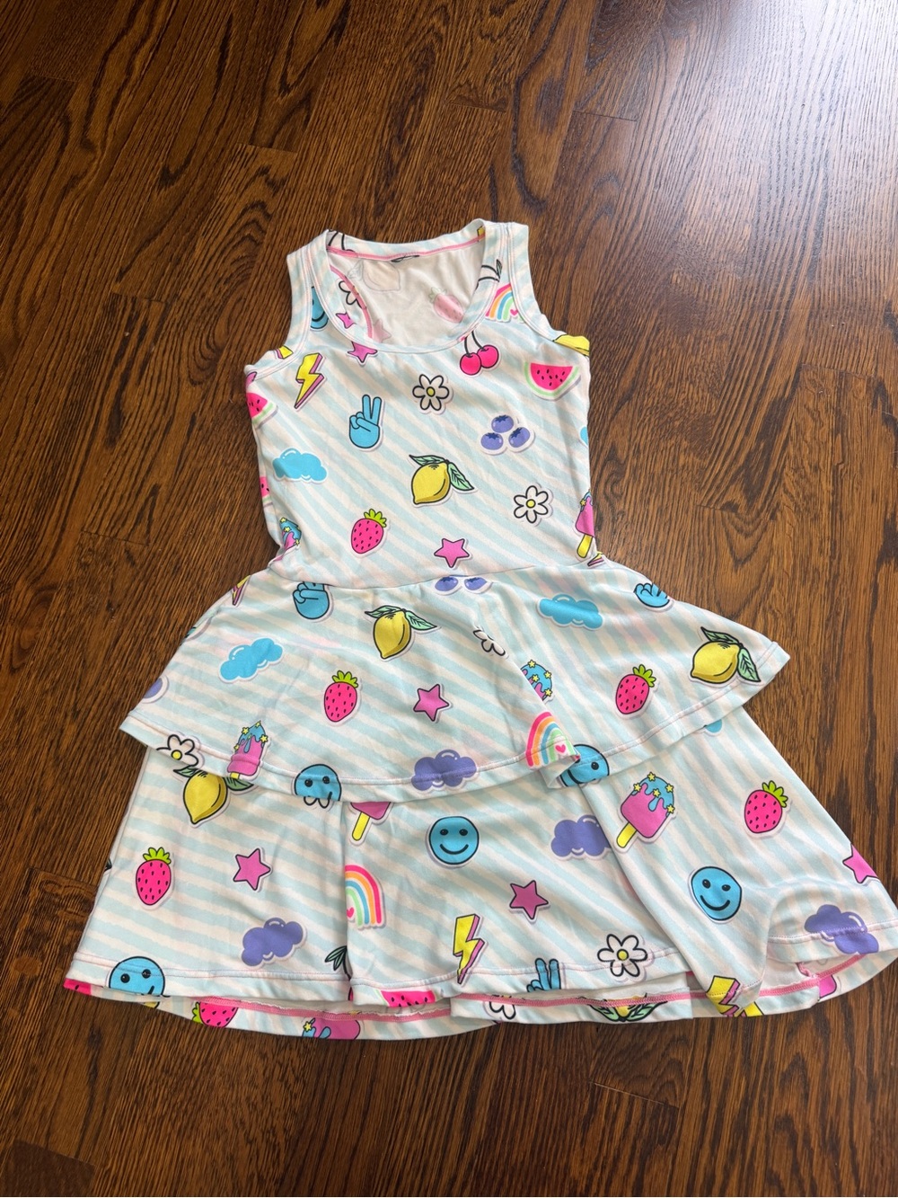 Pixie Lane Girls White Striped Rainbow Fruit Print Tank Dress